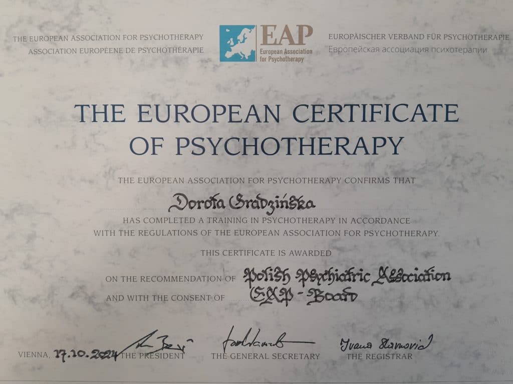 Europejski Certyfikat Psychoterapeuty wystawiony Dorocie Gradzińskiej