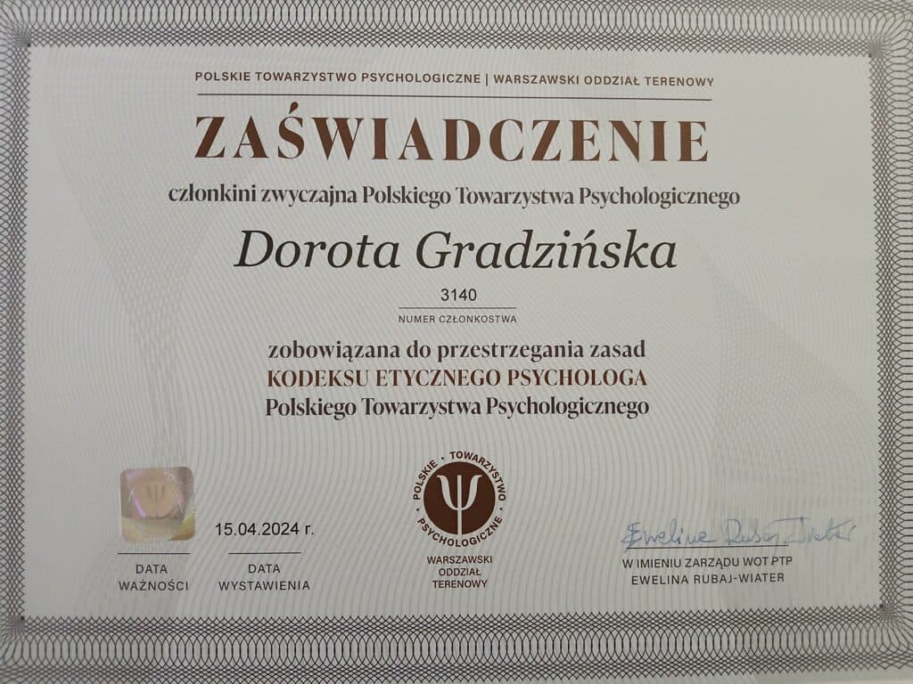 Zaświadczenie o członkostwie w Polskim Towarzystwie Psychologicznym